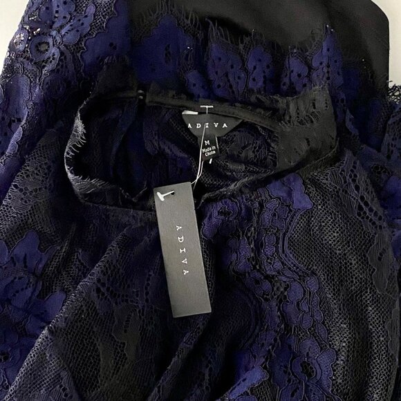 Adiva Blue Lace High Neck Long Sleeve Top with Built in Cami Womens Medium NEW - Picture 7 of 10